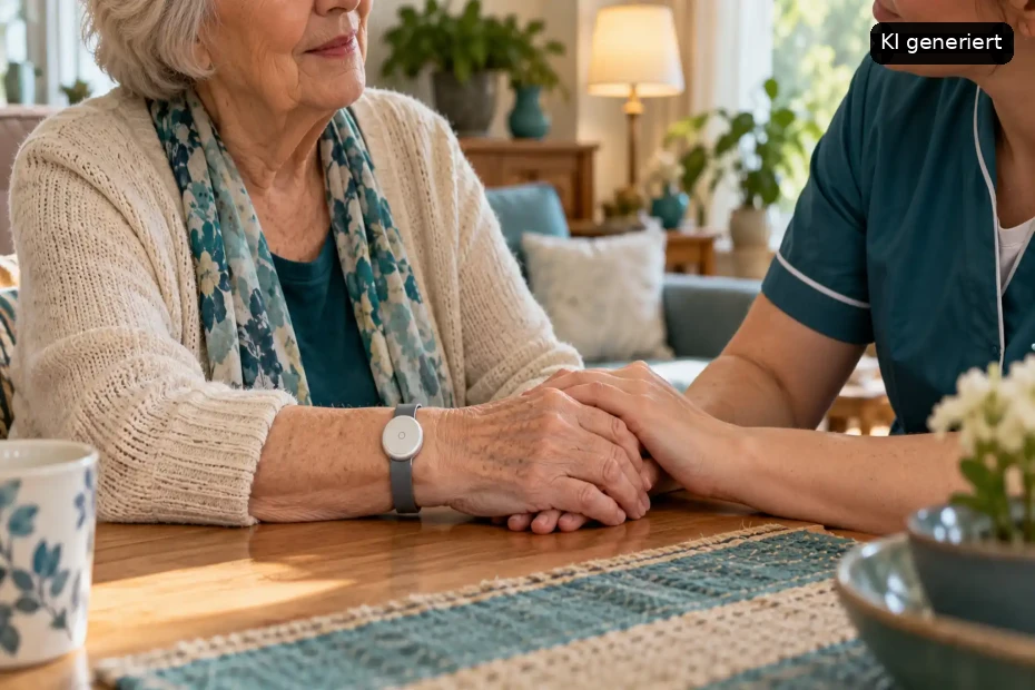 Eine Pflegekraft hält die Hand einer älteren Dame an einem Tisch, während beide sich einfühlsam unterhalten.