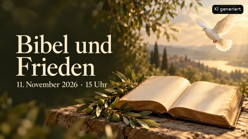 Offene Bibel mit Olivenzweig und einer fliegenden Taube im warmen Abendlicht.