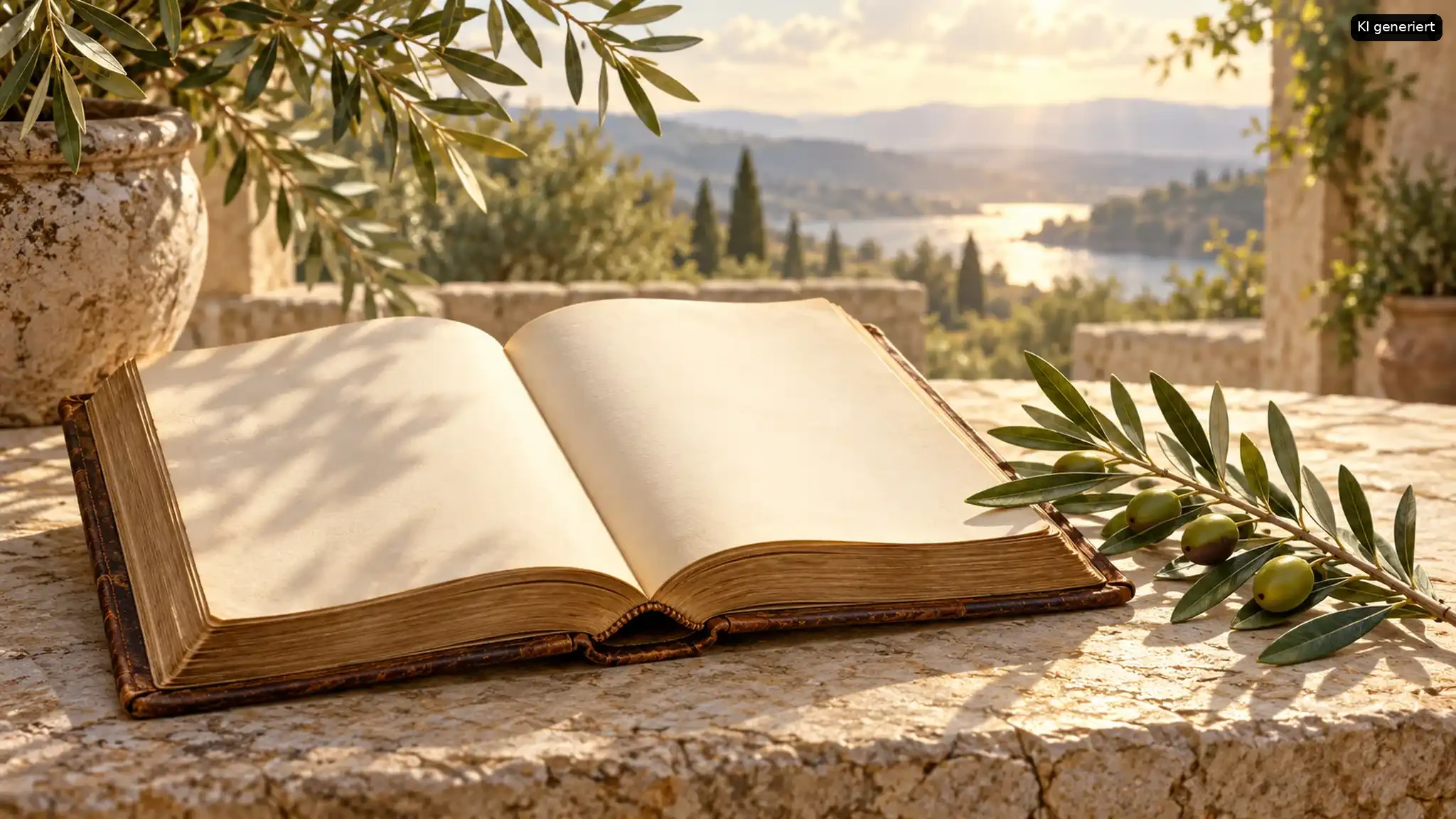 Ein offenes Buch auf einer steinernen Terrasse mit einem Olivenzweig im Hintergrund.