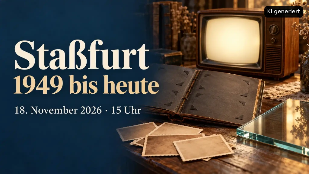 Plakat für den Vortrag 'Stußfurt 1949 bis heute' am 18. November 2026 auf einem nostalgischen Hintergrund.
