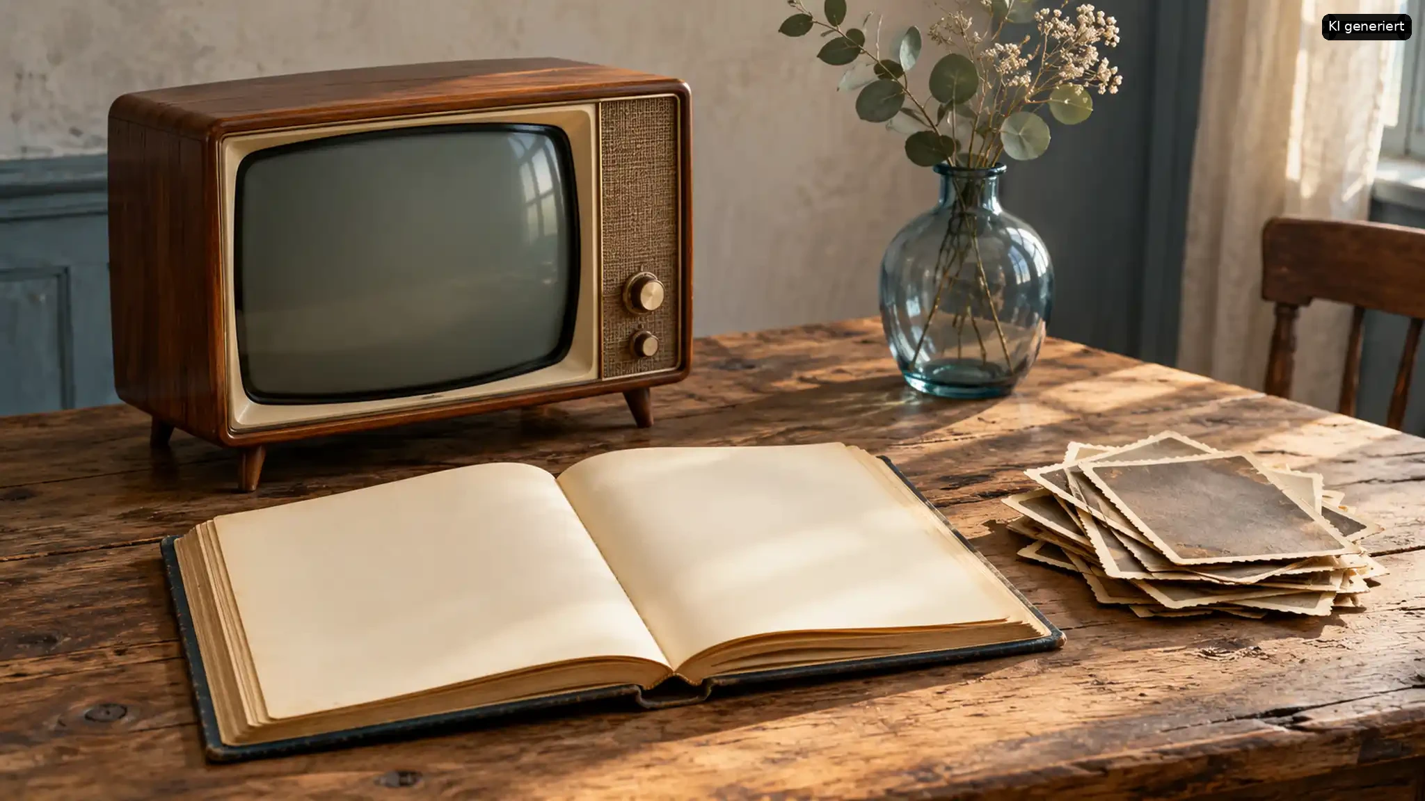 Nostalgisches Interieur mit altem Fernseher, offenem Buch und Vintage-Fotos auf rustikalem Holz.