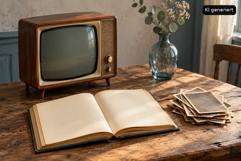 Nostalgisches Interieur mit altem Fernseher, offenem Buch und Vintage-Fotos auf rustikalem Holz.