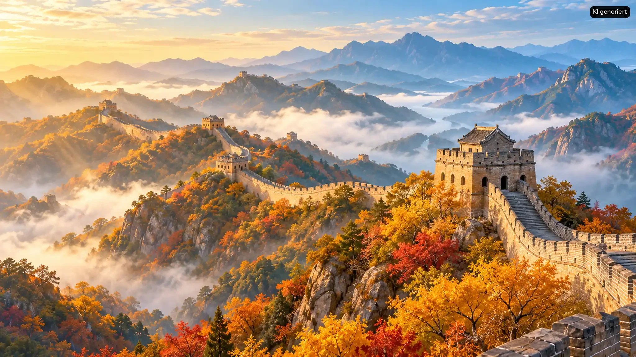 Die Große Mauer Chinas schmiegt sich durch farbenfrohe Herbstberge über Nebelfelder bei Sonnenaufgang. Eine majestätische Aussichtsanlage auf einer Bergkuppe mit leuchtenden Herbstfarben.