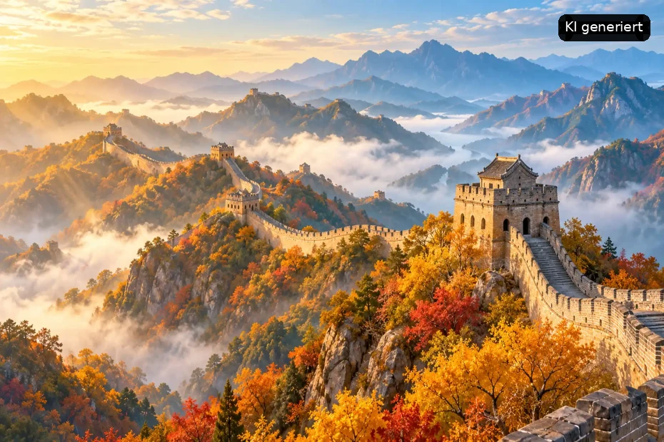 Die Große Mauer Chinas schmiegt sich durch farbenfrohe Herbstberge über Nebelfelder bei Sonnenaufgang. Eine majestätische Aussichtsanlage auf einer Bergkuppe mit leuchtenden Herbstfarben.